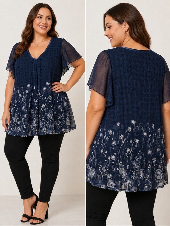 Valolia Tops - Valolia XL Navy Blue Mesh Floral Flutter Sleeve Tunic Top